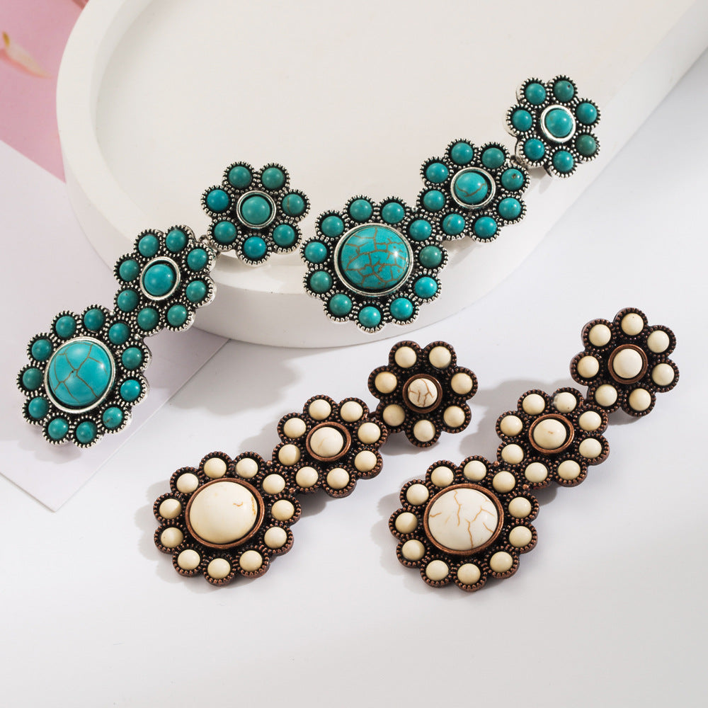 Cross-border European and American independent station exaggerated turquoise earrings retro fashion new geometric multi-layer long earrings wholesale