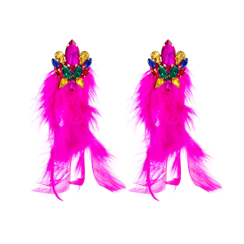 European and American fashion alloy diamond floral long feather tassel earrings women's fashion high-end bohemian earrings