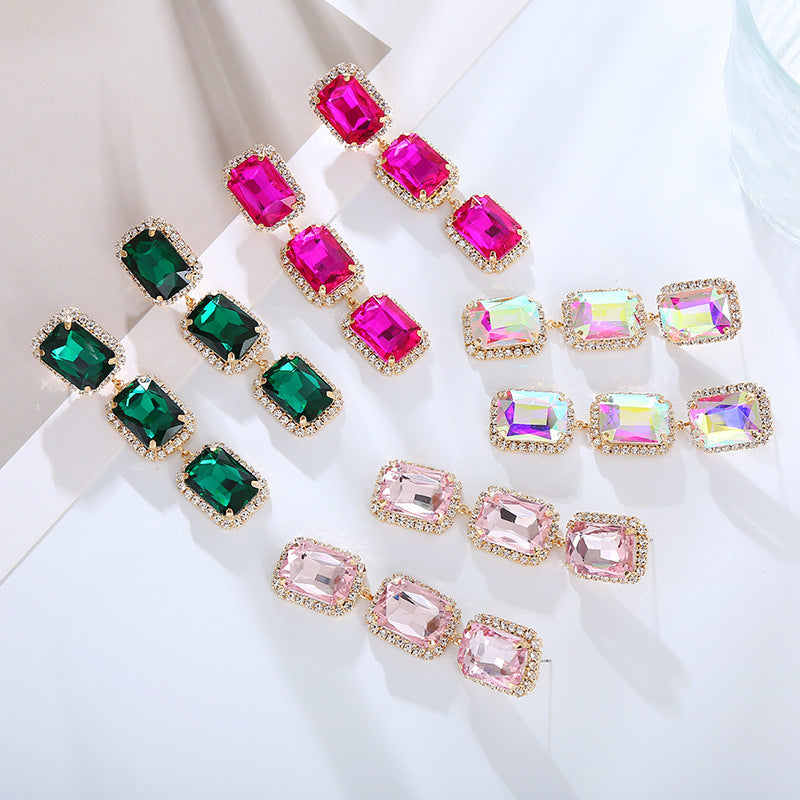 European and American fashion jewelry, square diamonds, zircon, gemstones, colored gemstones, studs, rectangular crystal earrings, earrings, high-end wholesale