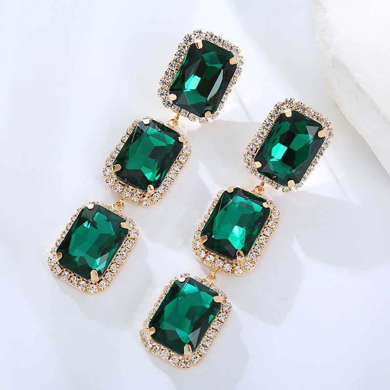 European and American fashion jewelry, square diamonds, zircon, gemstones, colored gemstones, studs, rectangular crystal earrings, earrings, high-end wholesale