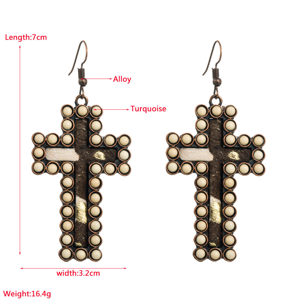 Amazon Hot Selling Ethnic Style Exaggerated Alloy Inlaid White Turquoise Earrings Women's Personality Leopard Print Leather Exaggerated Earrings