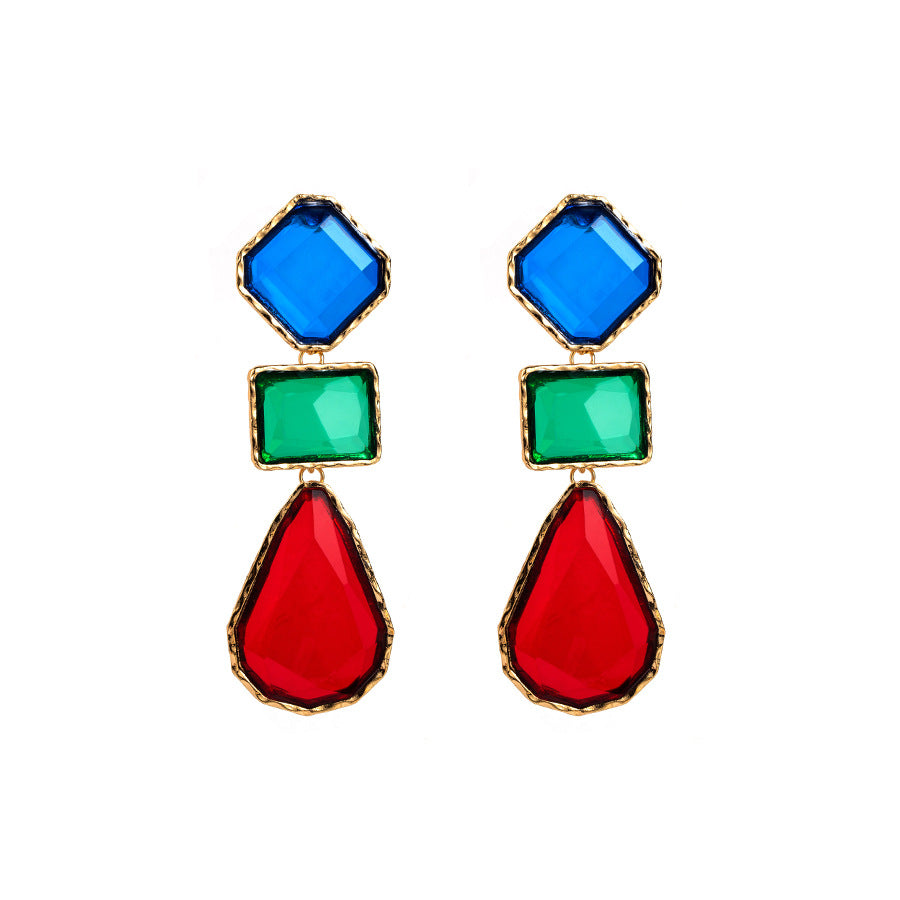 European and American fashion light luxury alloy square earrings colorful waterdrop resin earrings ornaments bohemian retro earrings