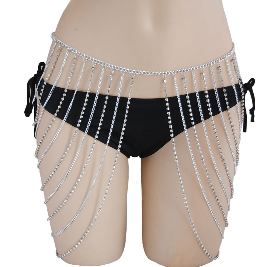 The new European and American jewelry, cross-border simplicity, luxury, versatile, geometric waist chain, metal rhinestone, multi-layer tassel body chain