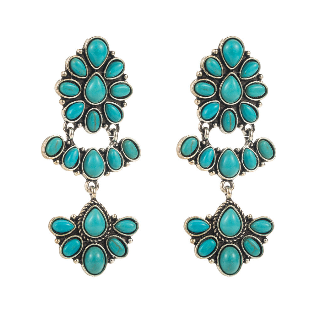 European and American retro bohemian ethnic style temperament earrings women's personality multi-layer alloy inlaid turquoise colored diamond earrings