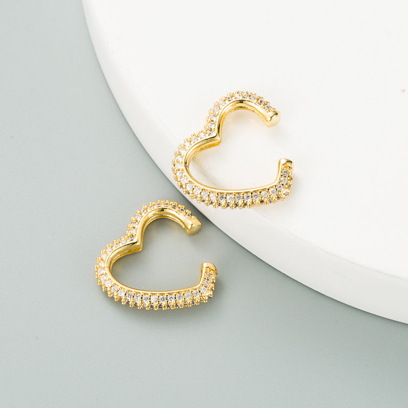 ins with the same source, cross-border European and American fashion, love-shaped, pierced, ear clips, copper micro-inlaid zircon, hip-hop style earrings