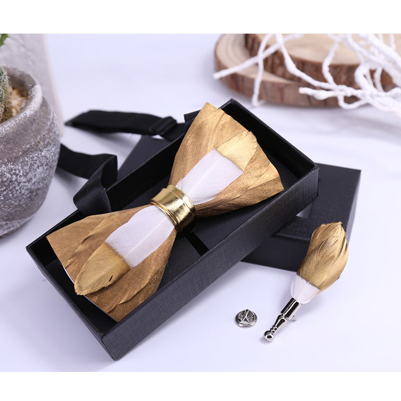 271 Golden Feather Male Wedding Dress Bow Tie Business Dinner Host Yellow Black Gold Bow Collar Flower