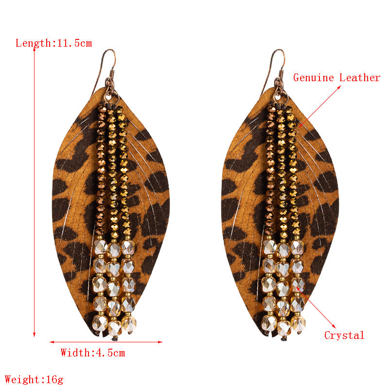 Cross-border hot personality leather earrings, leaf-shaped leopard leather crystal tassels, high-quality niche exaggerated earrings