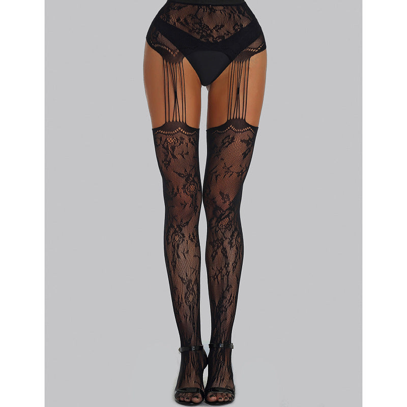 Yue Die foreign trade new sexual feelings fun lace jacquard net stockings open suspender one-piece net socks 1504