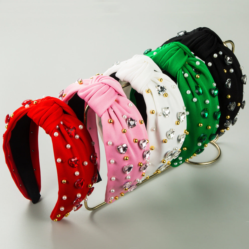 Cross-border fashion trend new pearl headband Korean version knotted fabric pearl love glass diamond red hair jewelry