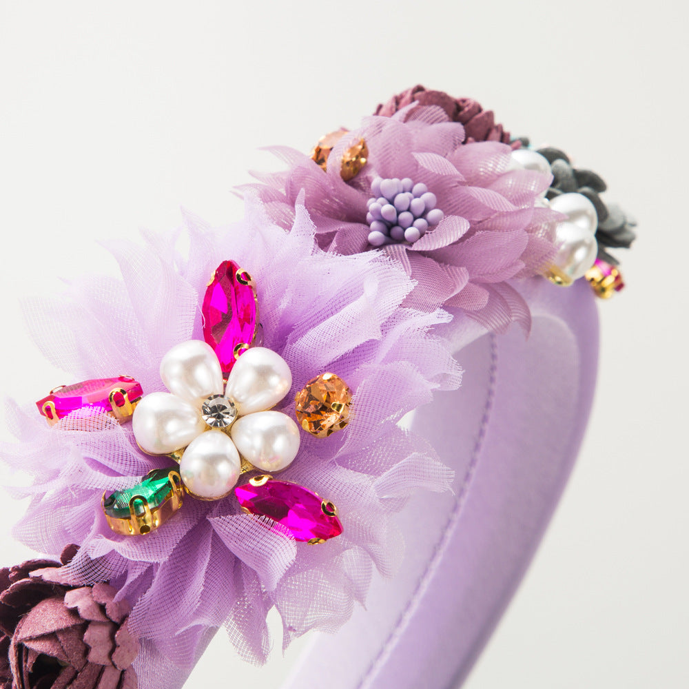 Cross-border new Korean version of floral temperament headband female sponge high skull top inlaid with glass diamonds pearl flower party hair accessories