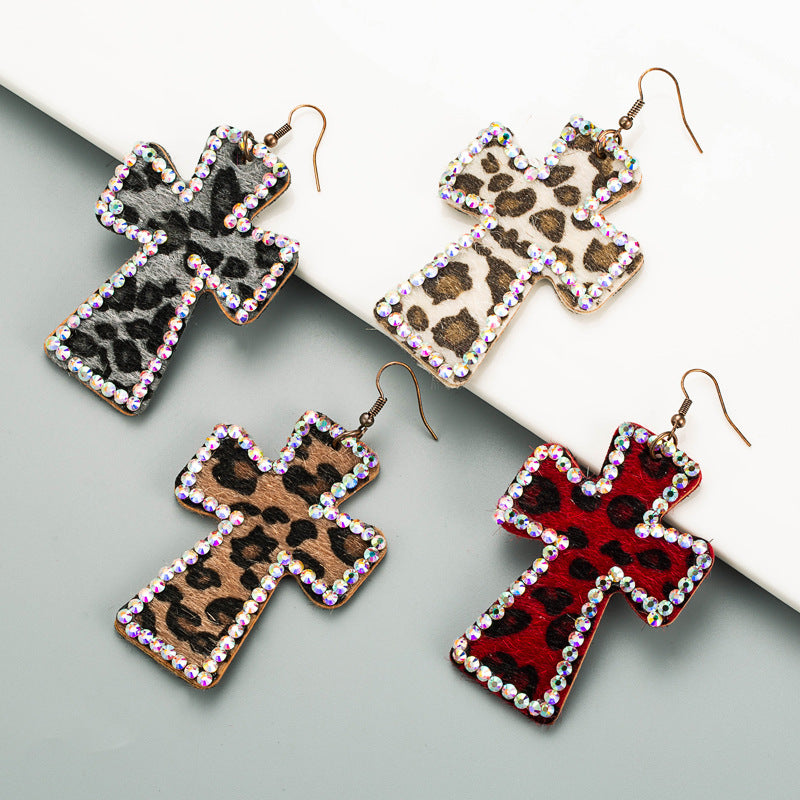 European and American personality exaggerated cross-shaped double-sided printed leather leopard print earrings long full of diamonds retro ins earrings