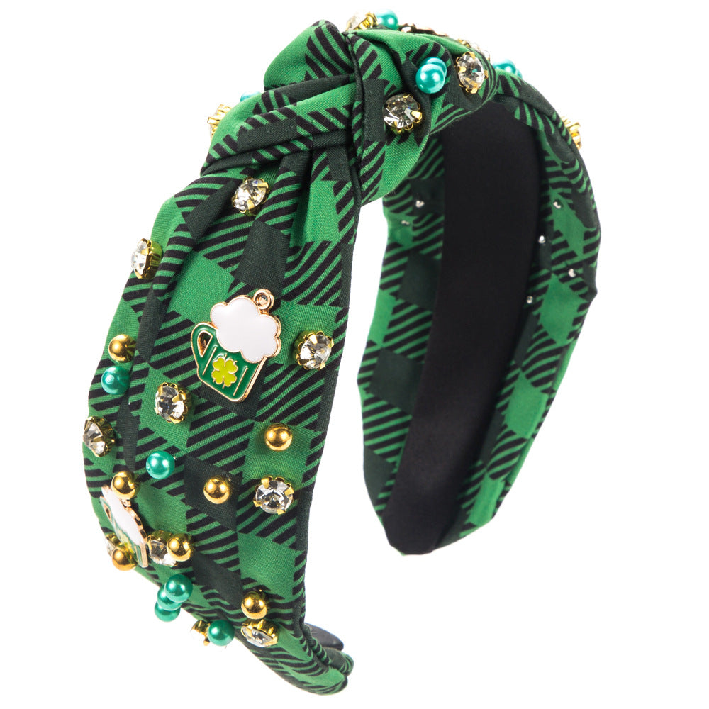 Cross-border trend print check fabric diamond inlaid headband women's retro classic green small fragrance hair ornament hairband wholesale