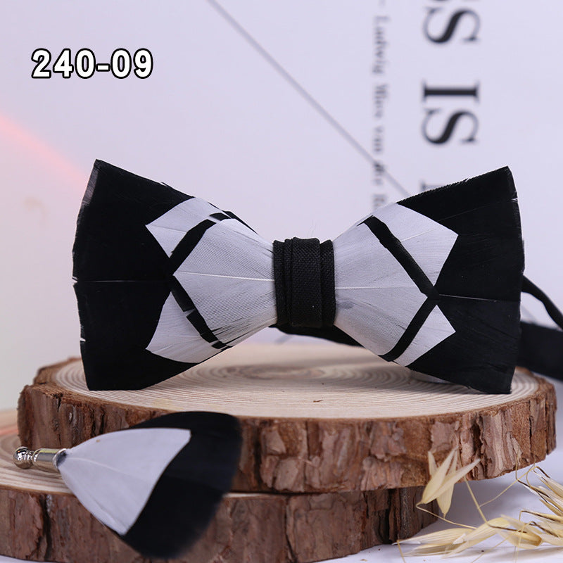 240 Dark Green Feather Male Bow Tie Brooch Set Business Wedding Party Host Shirt Men's Bow