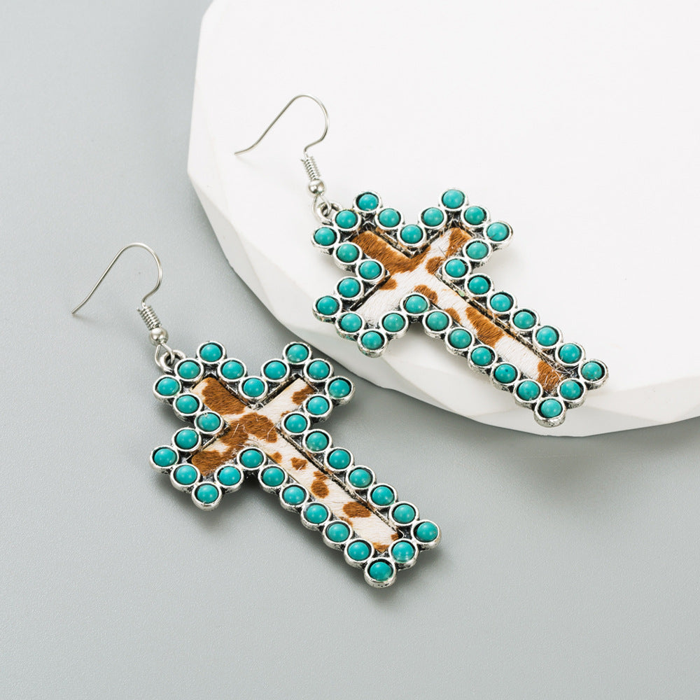 Amazon Hot Selling Ethnic Style Exaggerated Alloy Inlaid White Turquoise Earrings Women's Personality Leopard Print Leather Exaggerated Earrings