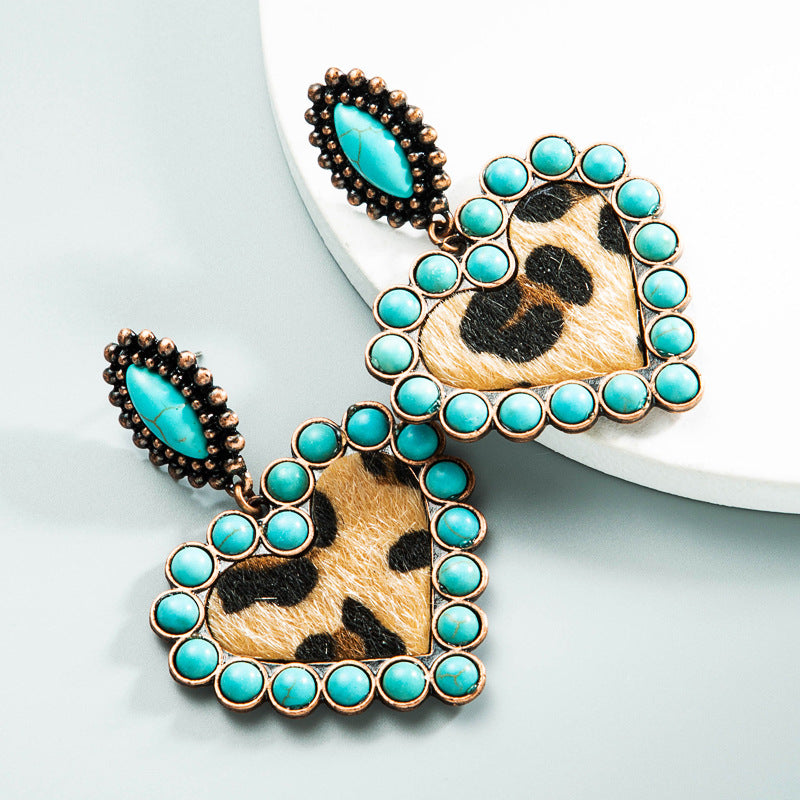 Amazon trendy earrings, European and American creative leopard print fabric, turquoise heart, exaggerated niche earrings