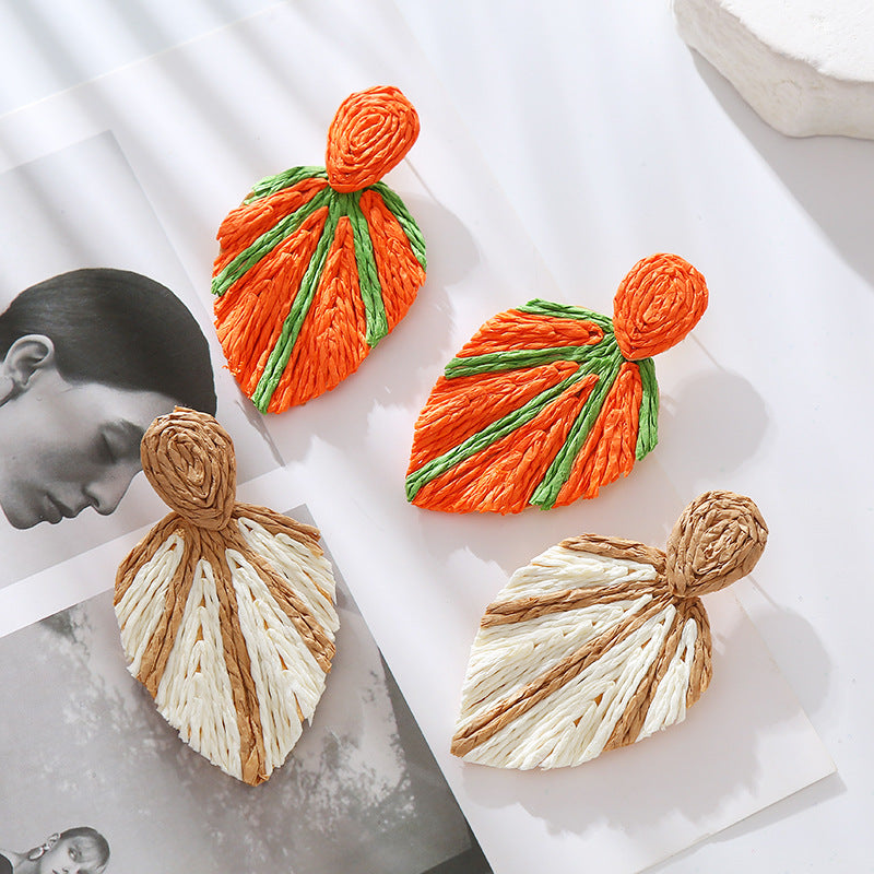 European and American new retro bohemian style earrings women's personality versatile raffia leaf earrings