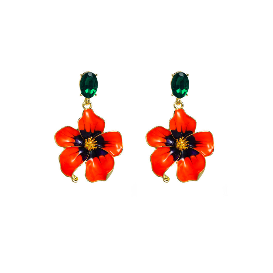 European and American fashion personality retro new earrings, exaggerated glass diamonds, three-dimensional flowers, dripping oil earrings, women's elegant earrings