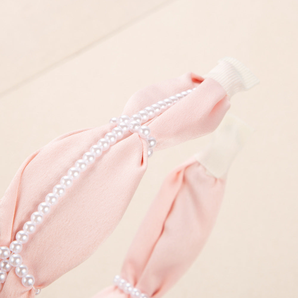 Korean-style pleated wide-brimmed fabric headband, temperament, pearl high-end, foreign-style solid color headband, French-style face-showing small hair ornament