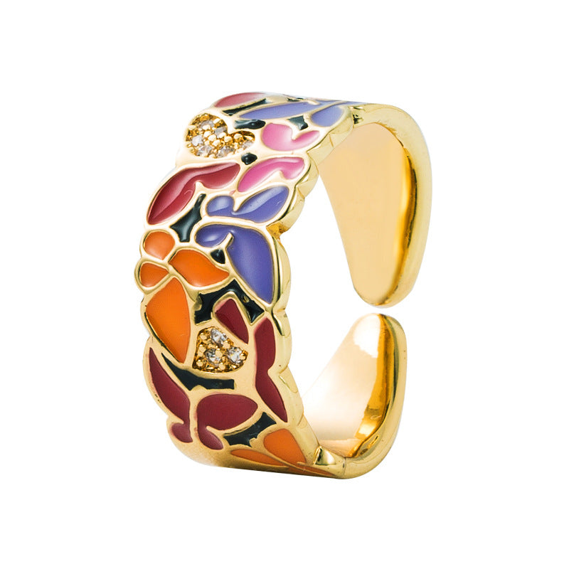 ins European and American fashion trends punk style copper plated real gold dripping oil blue and white porcelain pattern hip hop open ring ornaments