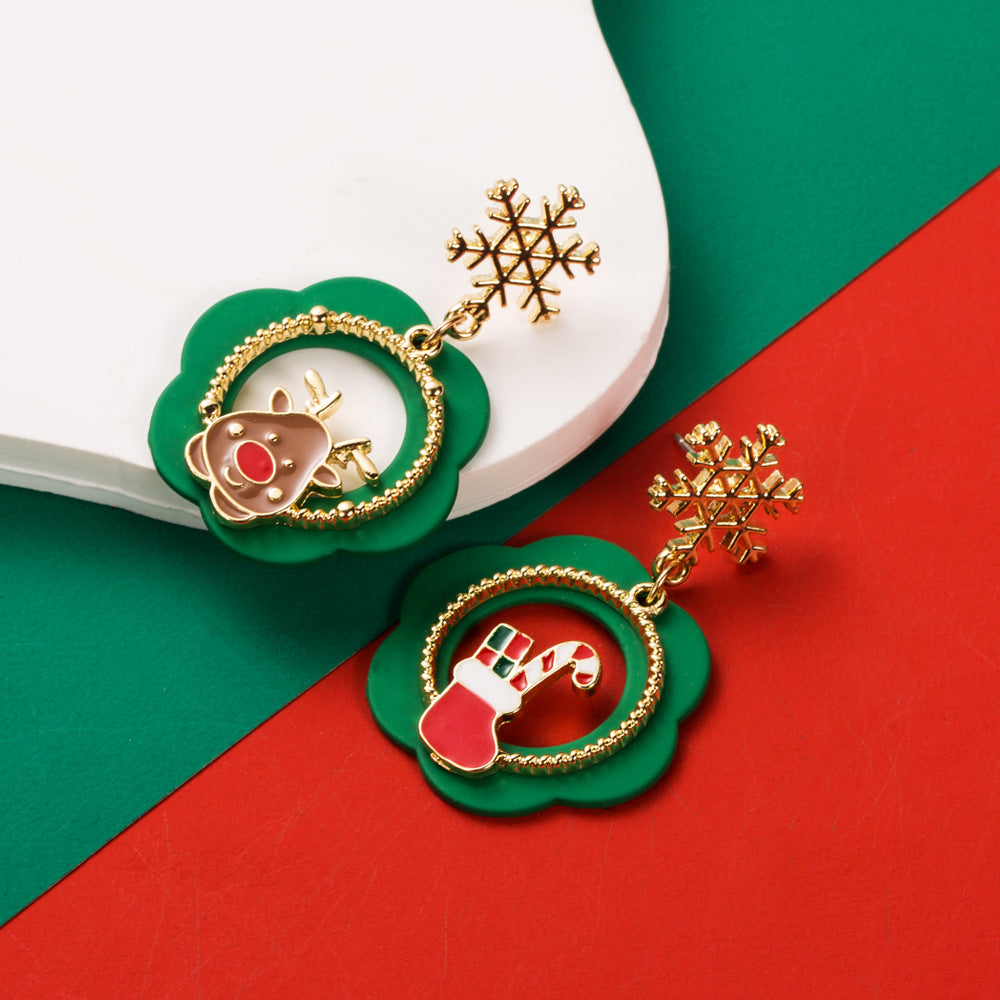 New Christmas Collection Fashion Ear Hook Personality Drip Oil Elk Snow Candy Stud Earrings S925 Silver Pin Ear Accessories