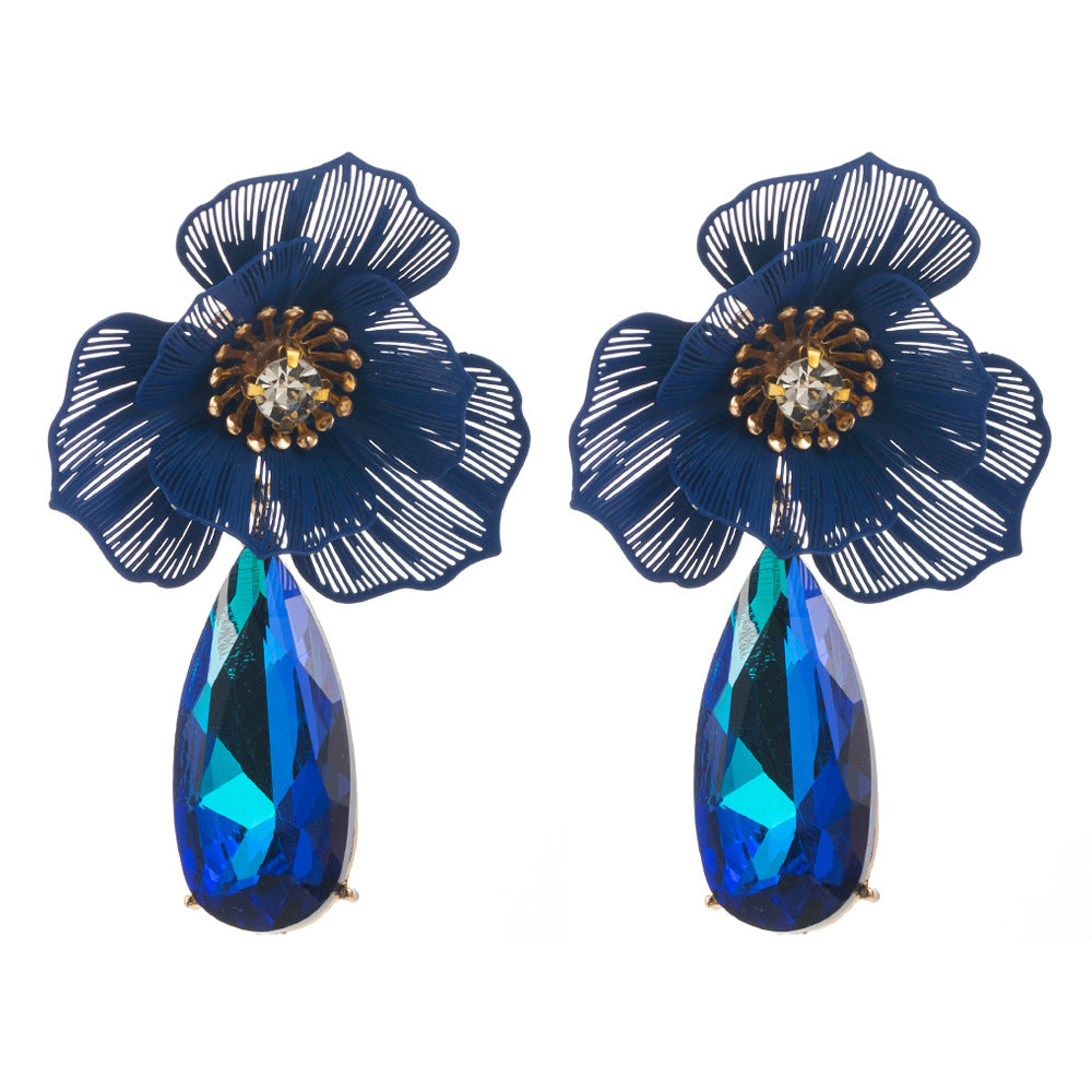 European and American trend: summer diamond-studded flower earrings, exaggerated personality, creative dazzling water drop earrings, light luxury temperament earrings