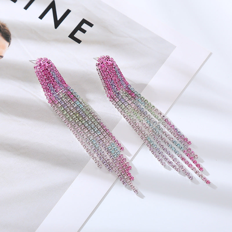 Korean version exaggerated light luxury style earrings long gradient color diamond tassel earrings female cold wind claw chain stud earrings wholesale