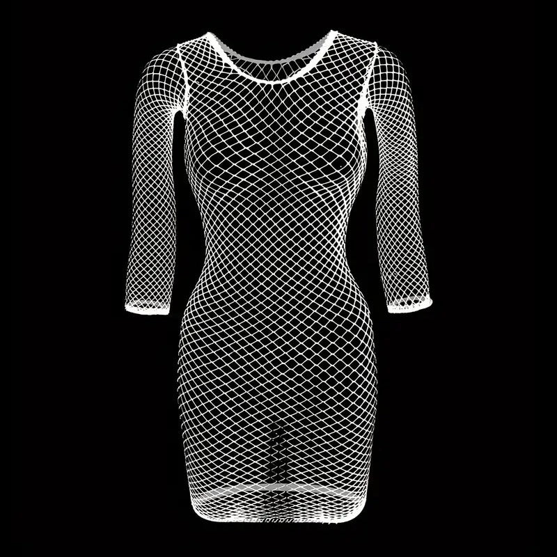 Yue Die's new European and American mesh round neck sleeve ladies sexy nightdress erotic net clothes tear rabbit top DYS401