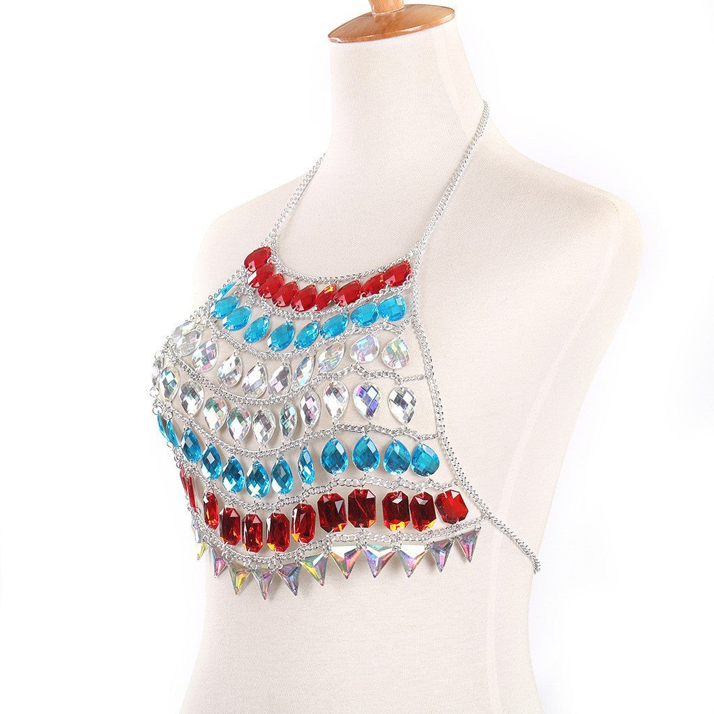 New European and American cross-border fashion jewelry acrylic sexy beach color-blocked backless chest chain body chain