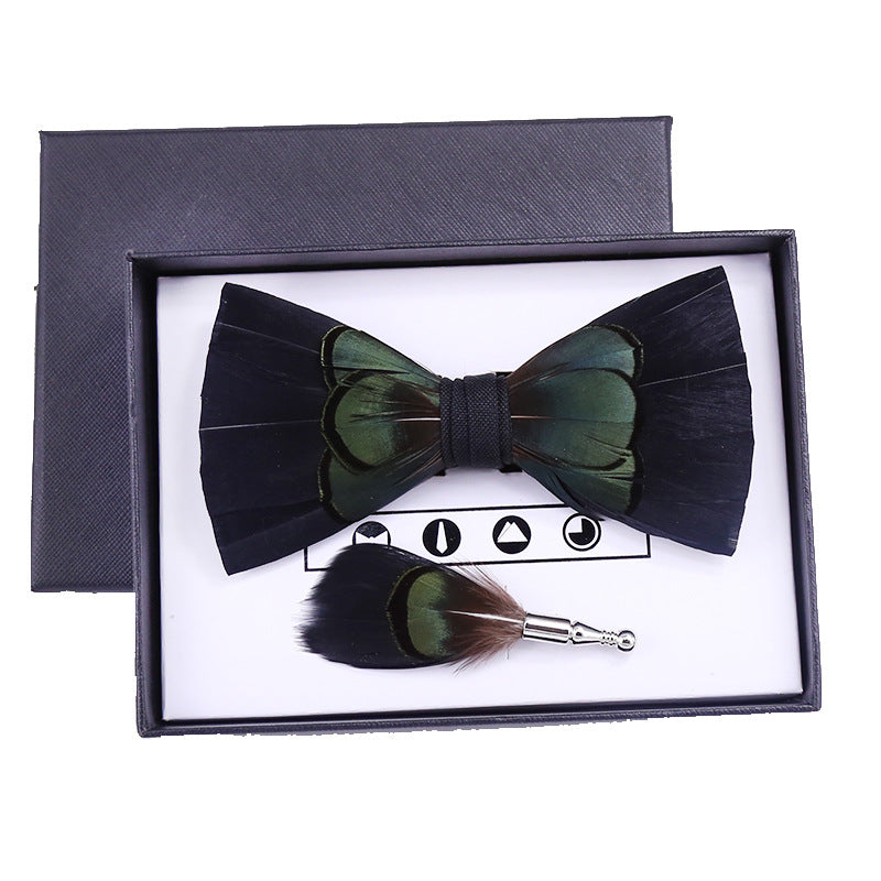 fresh green black and white striped feathers male host best man group butterfly wedding bow tie spot