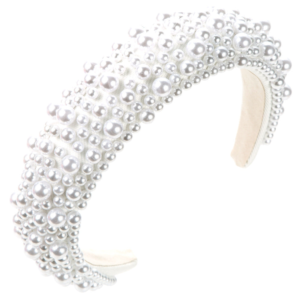 European and American fashion versatile color plastic pearl headbands women's light luxury autumn and winter sponge fabric high skull headband wholesale