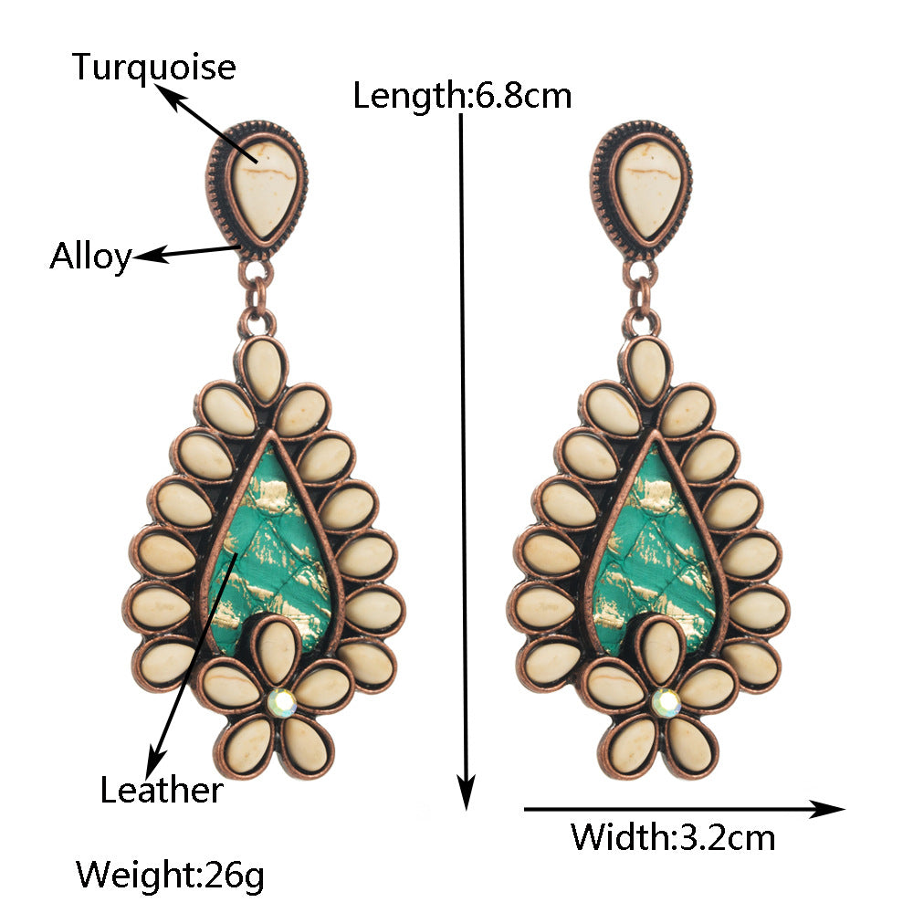 Amazon's popular trendy turquoise earrings, European and American creative leopard print leather, turquoise exaggerated niche earrings