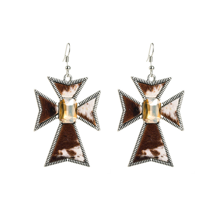 European and American trend retro creative cross earrings women's alloy inlaid glass diamond leopard print leather street style temperament earrings