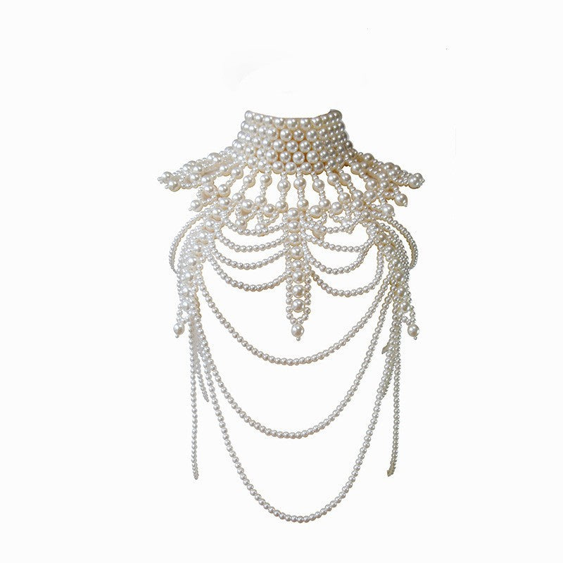 2024 new European and American cross-border hand-woven French sexy retro chest bracelet imitation pearl tassel jewelry body chain