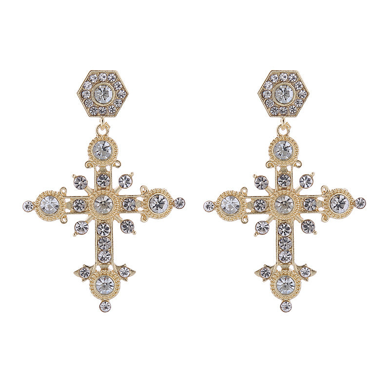 European and American colored diamond stud earrings Internet celebrity bohemian national style alloy diamond cross earrings female cross-border supply