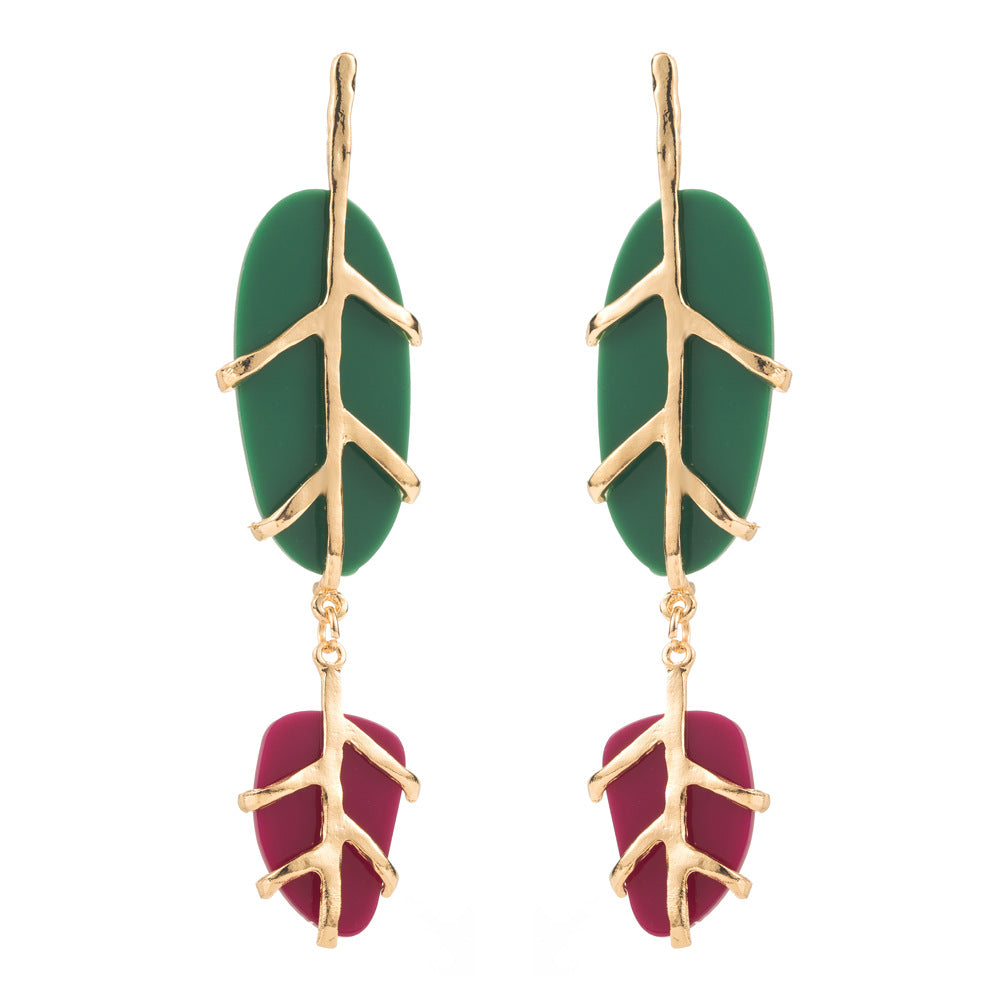 European and American cross-border new plant leaf earrings alloy inlaid resin personality earrings fashion atmosphere party earrings women