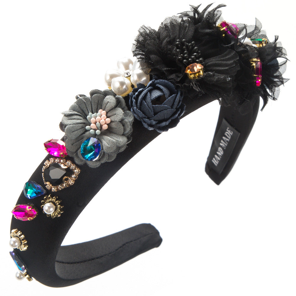 Cross-border new Korean version of floral temperament headband female sponge high skull top inlaid with glass diamonds pearl flower party hair accessories