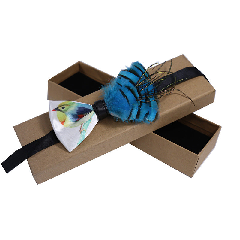 blue feather handmade bow tie men's groomsman groom wedding dress bow business collar flowers