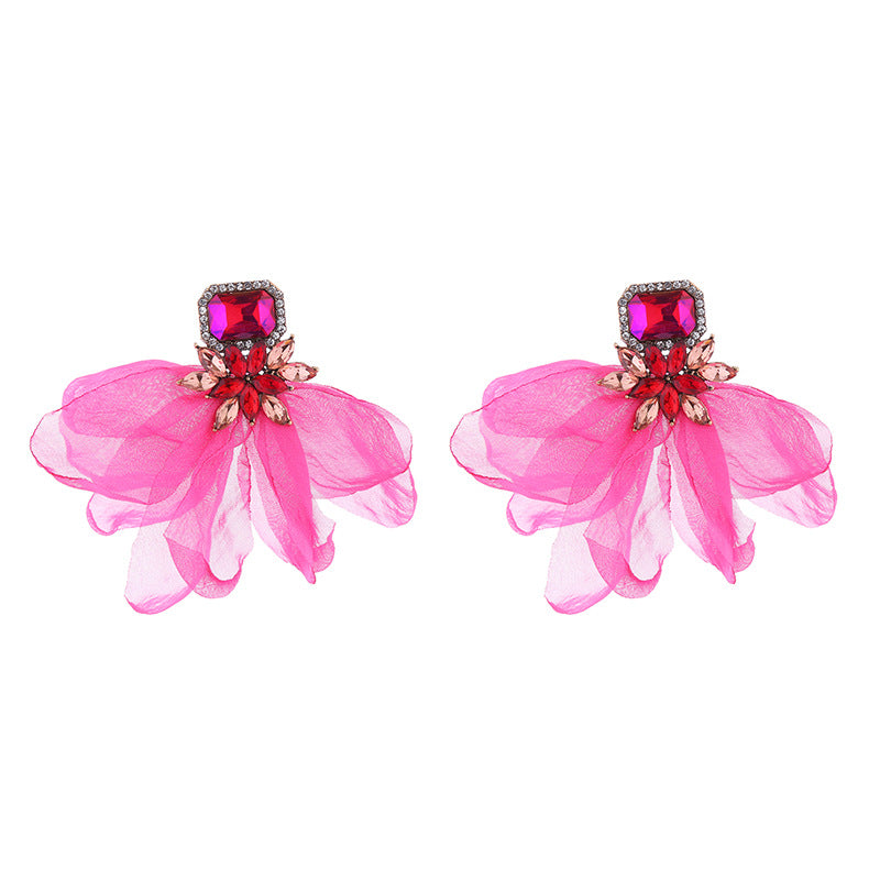 European and American new resort style mesh flower earrings alloy colored diamond flower stud earrings fashion temperament high-end earrings