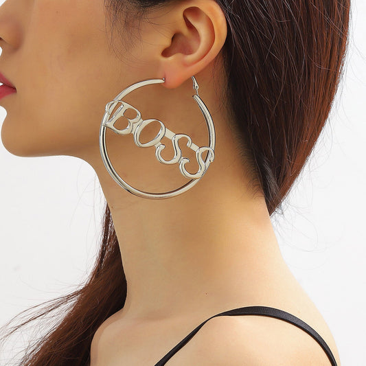 2024 new European and American cross-border hot selling personality temperament letter big circle exaggerated retro earring temperament