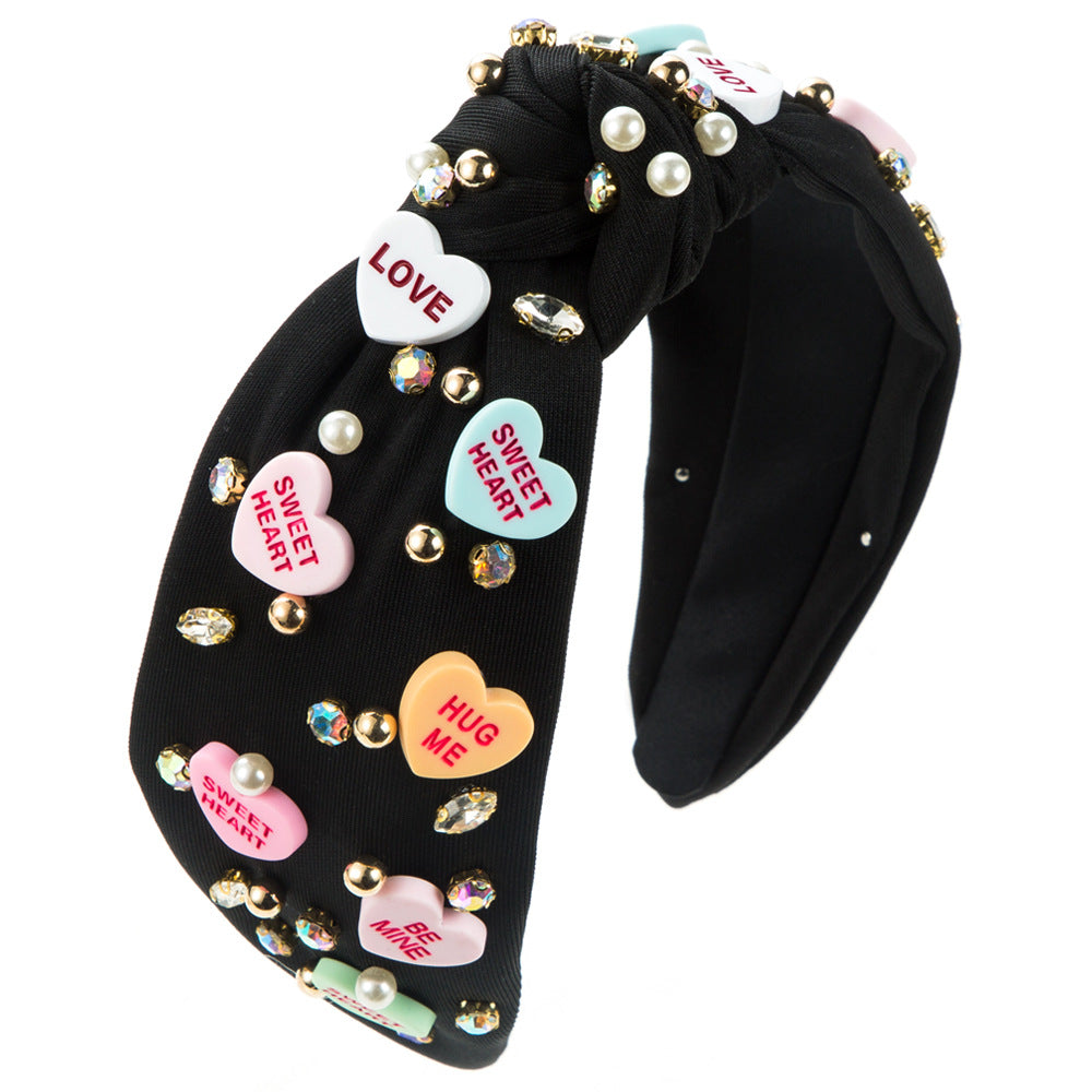 Cross-border new fashion knotted high skull top headband women's diamond beaded letter love accessories wide-brimmed hair accessories wholesale