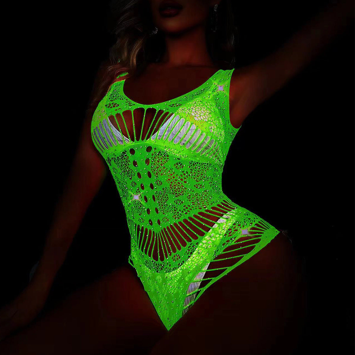 New European and American luminous sexy cut-out seduction glow reflective dress bikini net pants combination