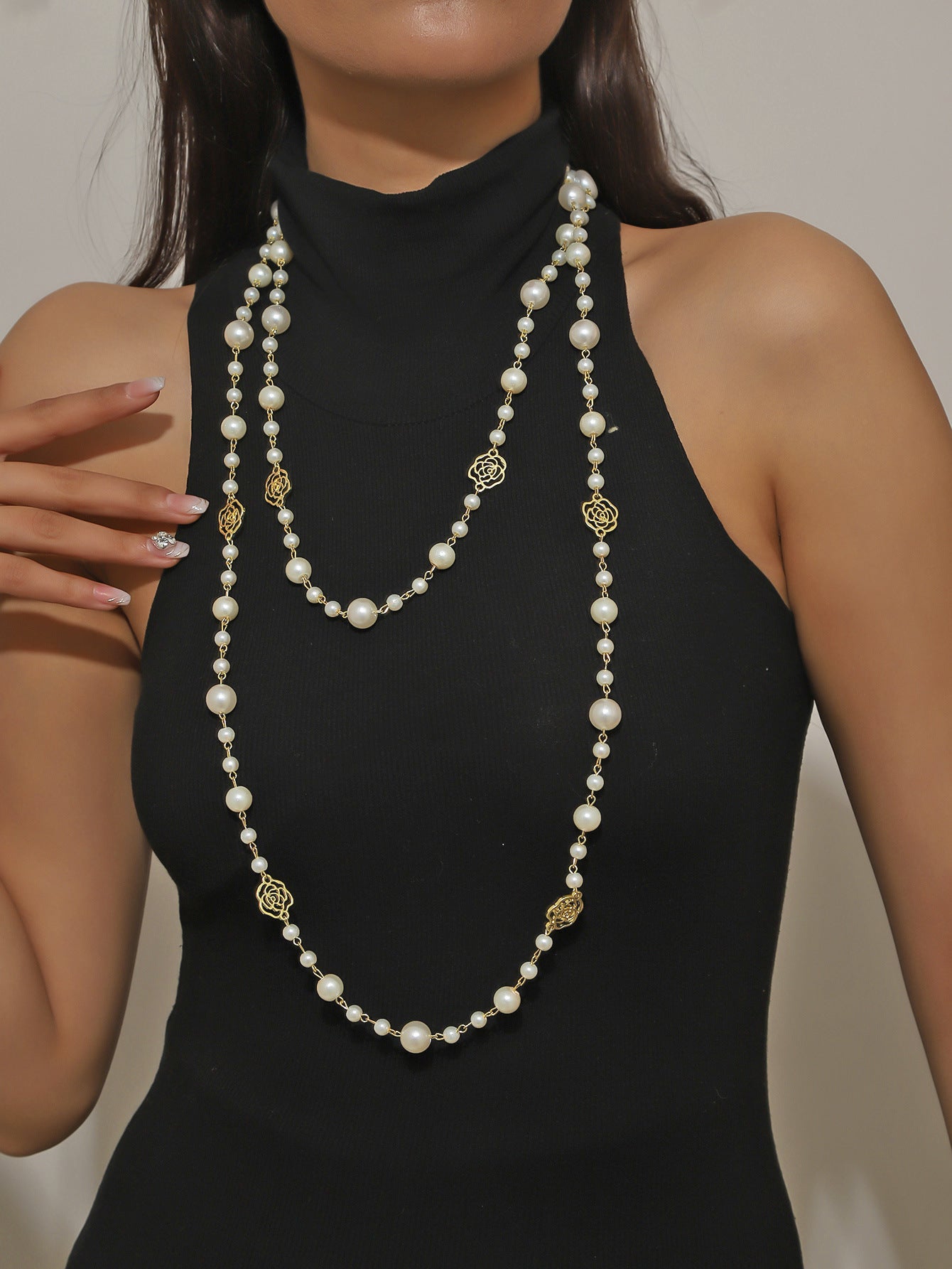 New double-layered long pearl necklace jewelry, new Chinese high-end temperament, versatile long necklace accessories