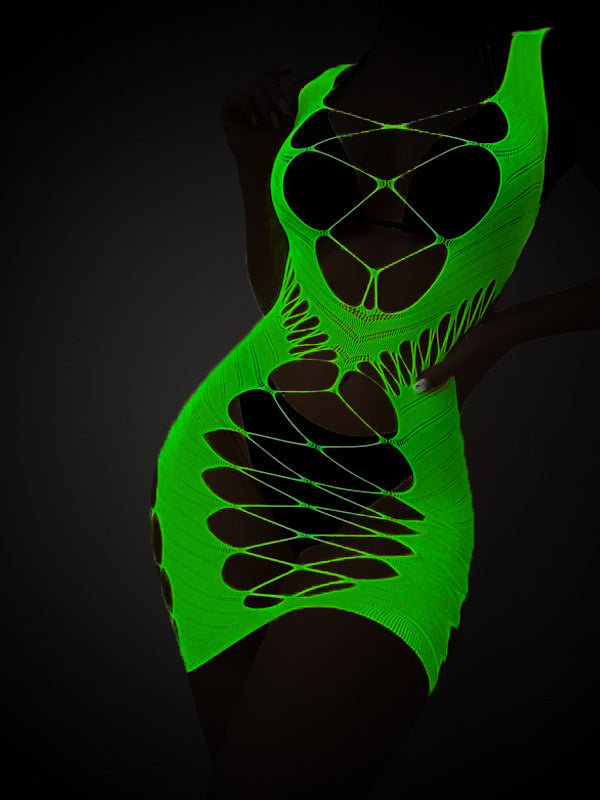 New European and American luminous sexy cut-out seduction glow reflective dress bikini net pants combination