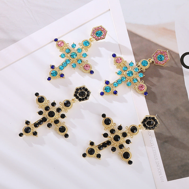 European and American colored diamond stud earrings Internet celebrity bohemian national style alloy diamond cross earrings female cross-border supply