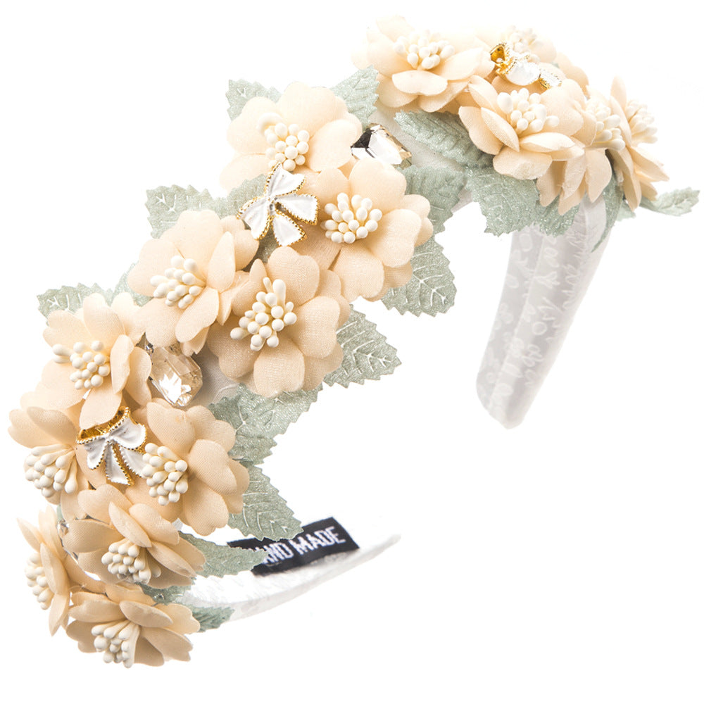 Korean printed fabric, fashionable artificial flower headband, sweet and fresh, diamond-studded, high-quality outing, elegant hair accessories