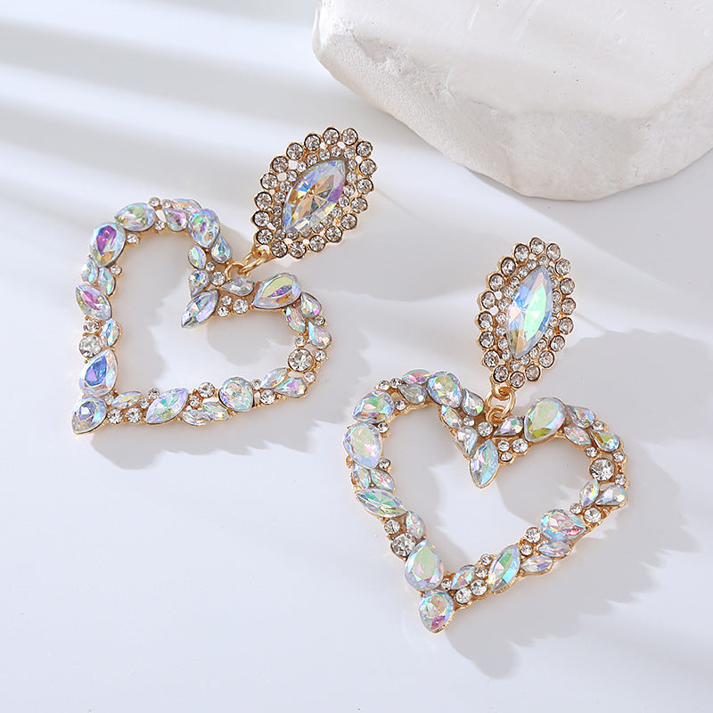 European and American popular heart-shaped alloy set with colored diamonds, retro temperament, exaggerated earrings, women's Korean version of the hipster, super flashy full of diamond earrings