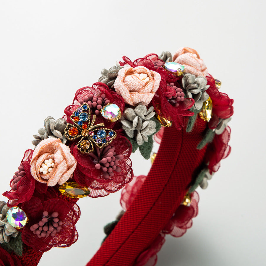 European and American new baroque rhinestone flower headband fabric rose fashion small fresh headband jewelry wholesale