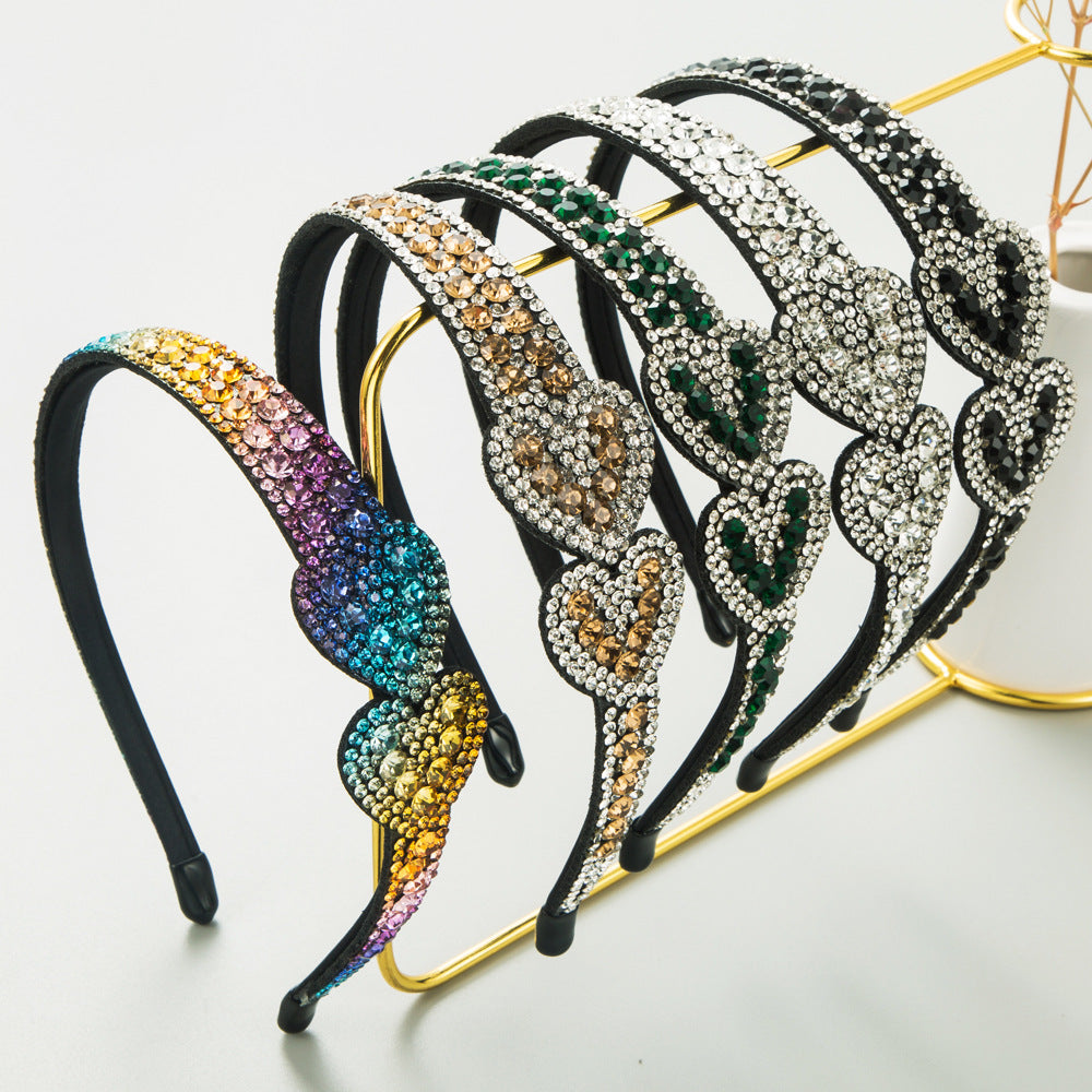 Cross-border new diamond-encrusted double love hairpin Korean fashion simple headband heavy industry full diamond wide-brimmed versatile headband women