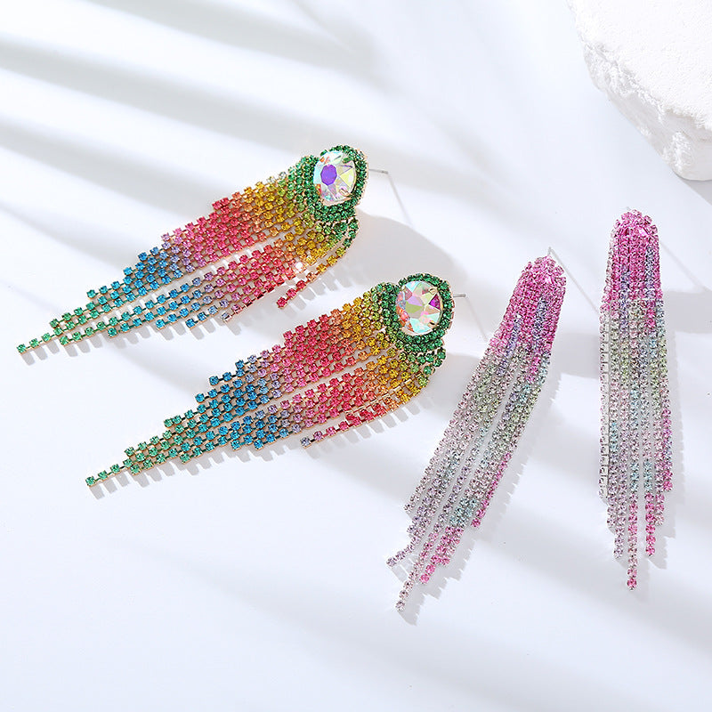 Korean version exaggerated light luxury style earrings long gradient color diamond tassel earrings female cold wind claw chain stud earrings wholesale