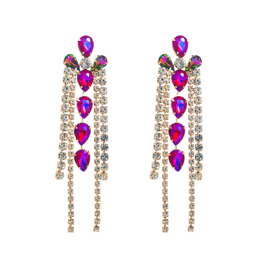 European and American personality exaggerated, multi-layered geometric glass, diamond and diamond tassel earrings, feminine diamond catwalk earrings